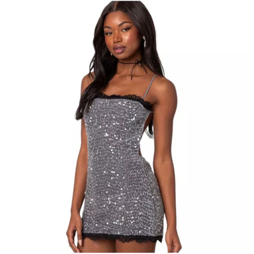 EDIKTED Women's Silver Spaghetti Strap Sylvester Sequin Open Back Mini Dress XS